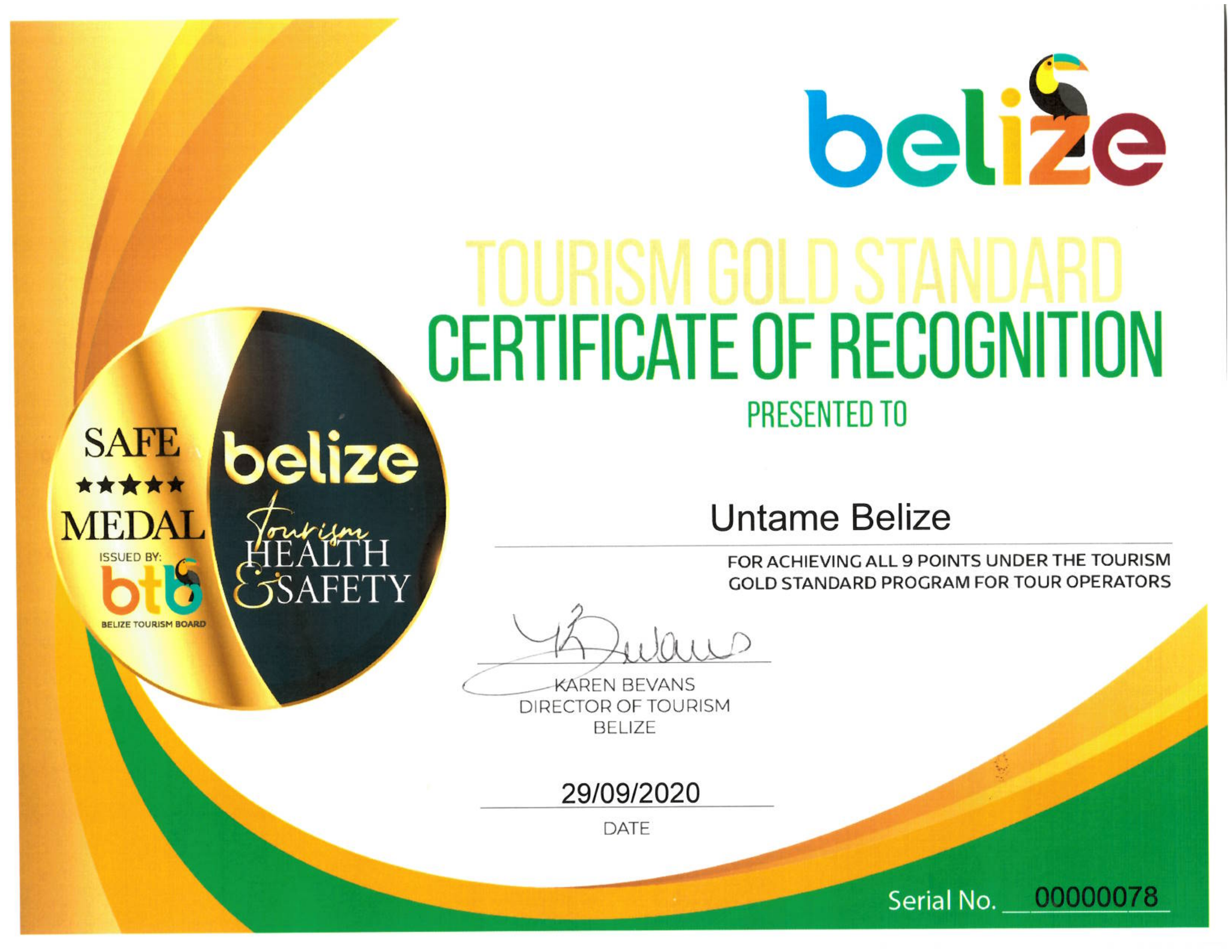 Untame Belize Tourism Gold Standard Certificate